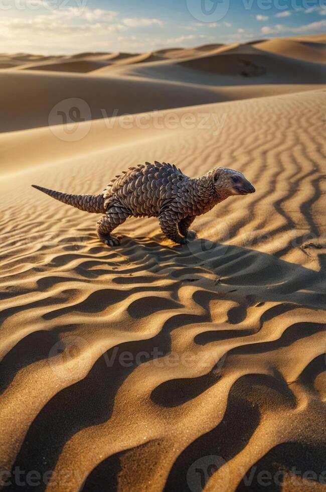 A spiny creature walking across the textured sands of a desert landscape at sunset. photo