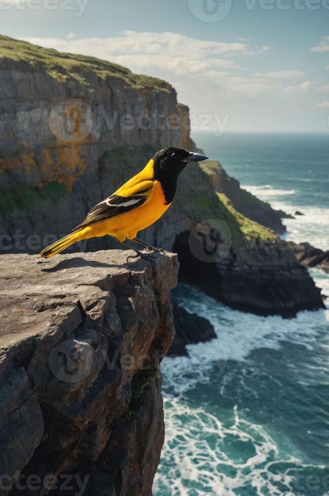 A vibrant yellow bird perched on a rocky cliff overlooking the ocean. photo