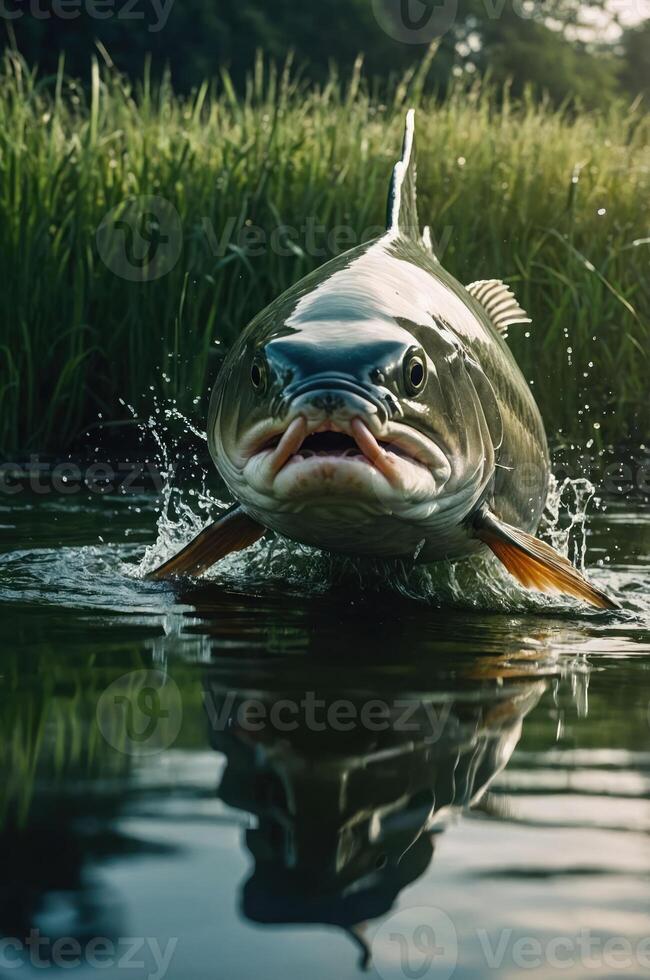 A fish breaching the water's surface, creating splashes amidst lush greenery. photo