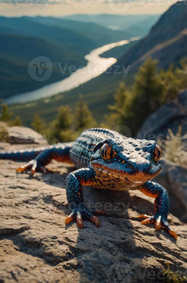 A colorful amphibian perched on a rock with a scenic river valley in the background. photo