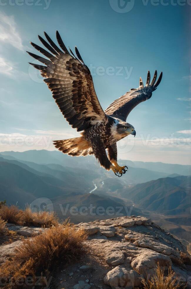 A majestic eagle soaring over a mountainous landscape under a clear sky. photo