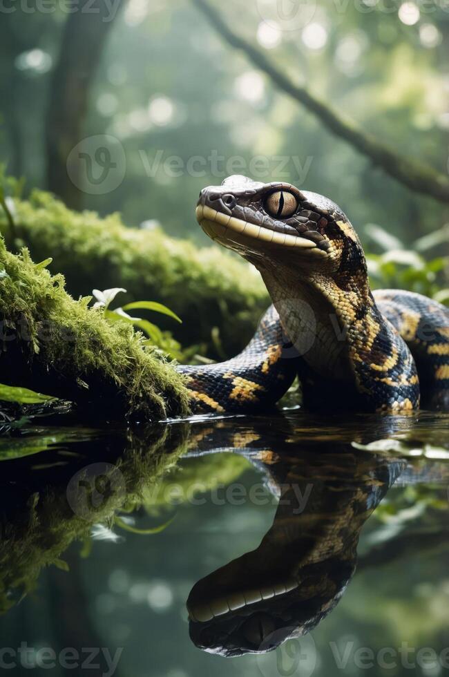 A close-up of a colorful snake resting near water, surrounded by lush greenery. photo