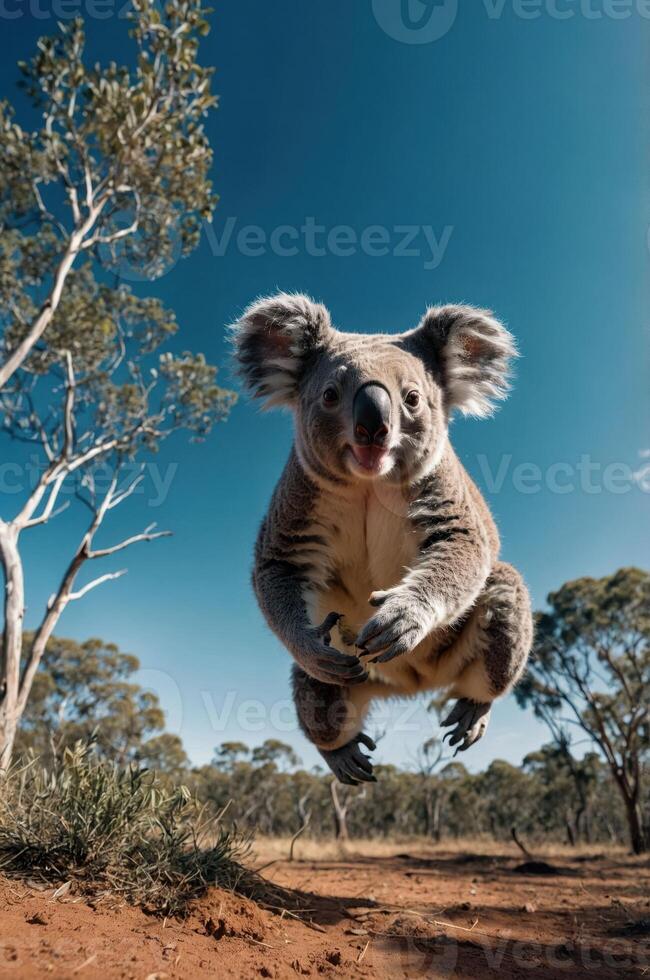 A playful koala leaps in a natural Australian landscape under a clear blue sky. photo