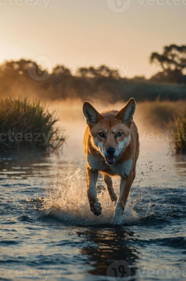 A dingo splashes through water at sunrise, showcasing its natural habitat and playful spirit. photo