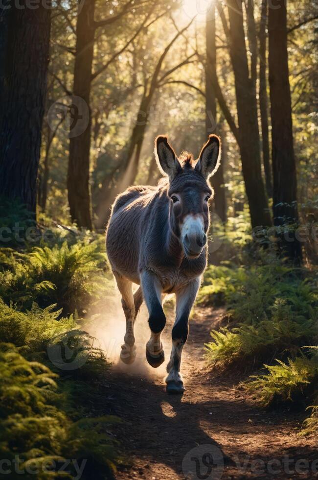 A donkey running through a sunlit forest path surrounded by greenery and trees. photo