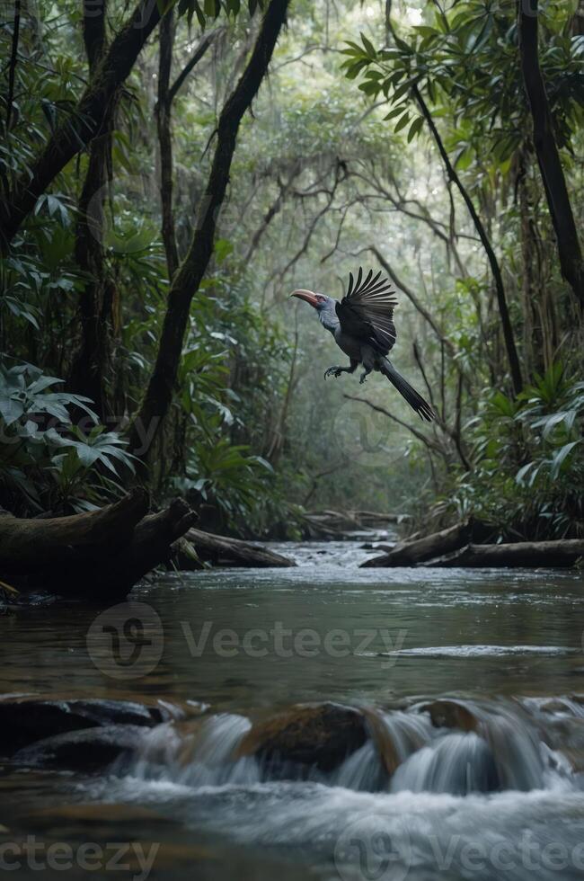 A bird in flight over a serene jungle stream surrounded by lush vegetation. photo