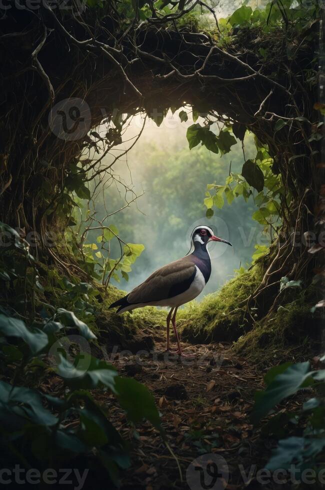 A bird stands at the entrance of a lush, green tunnel in a serene forest setting. photo