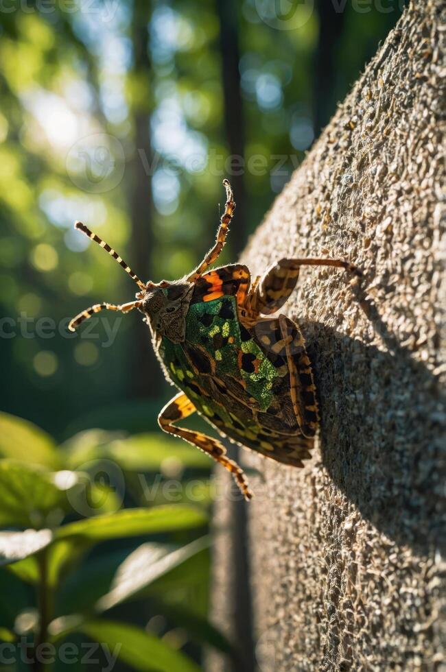 A colorful insect perched on a textured surface in a sunlit forest setting. photo