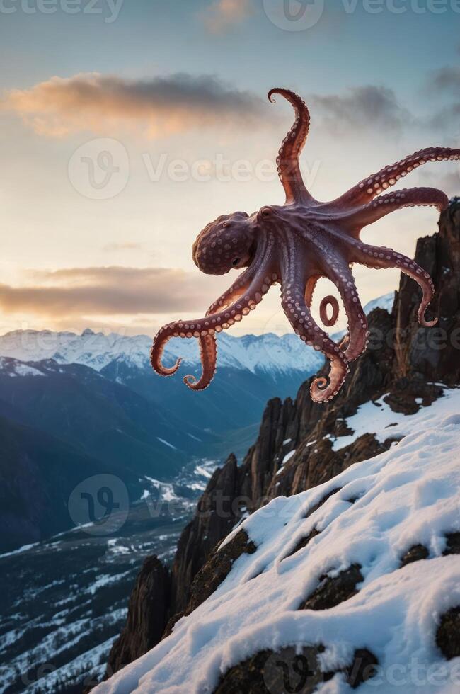 An octopus floats above a snowy mountain landscape during sunset. photo