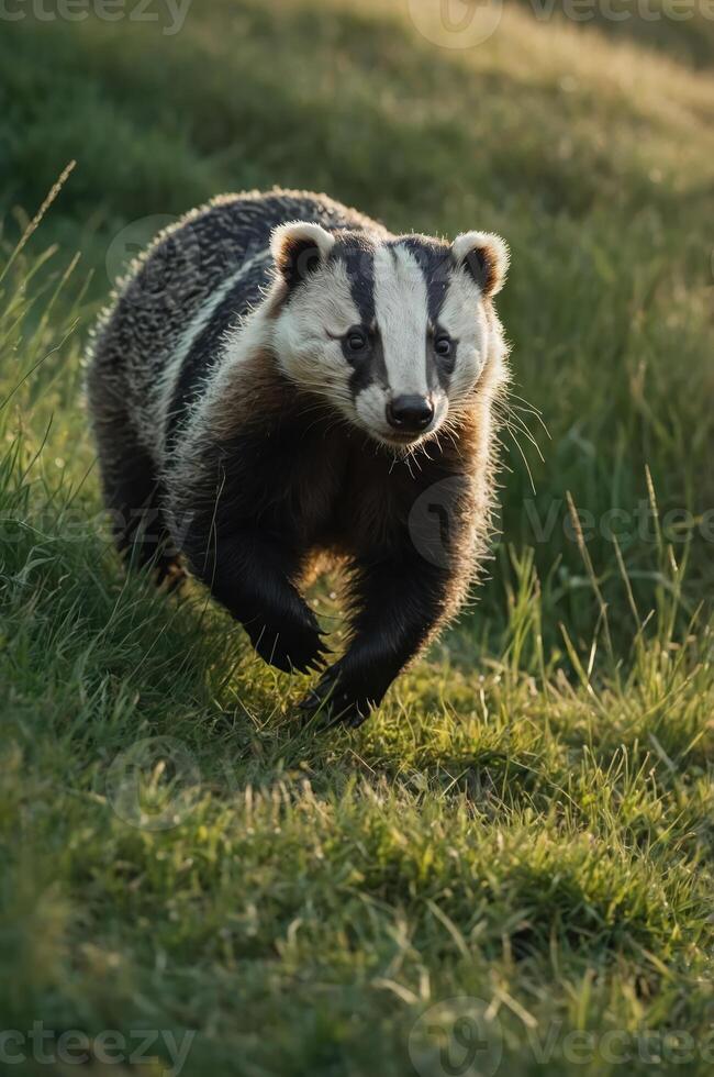 A badger running through a grassy field during golden hour. photo