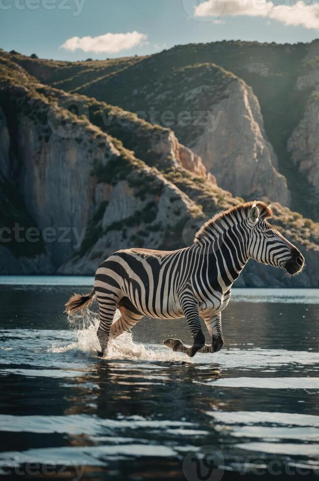 A zebra splashes through water against a scenic backdrop of hills. photo