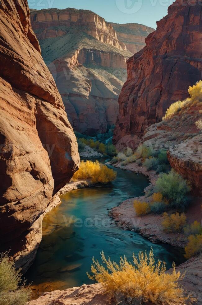 A serene canyon landscape with a winding river and vibrant vegetation. photo