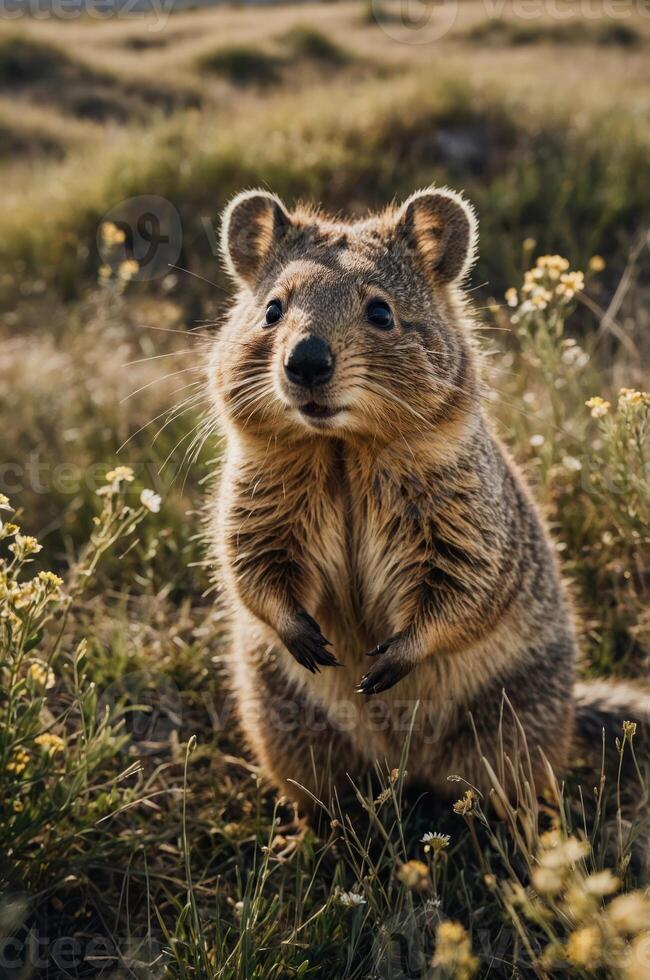 A cute quokka standing in a grassy field surrounded by flowers. photo