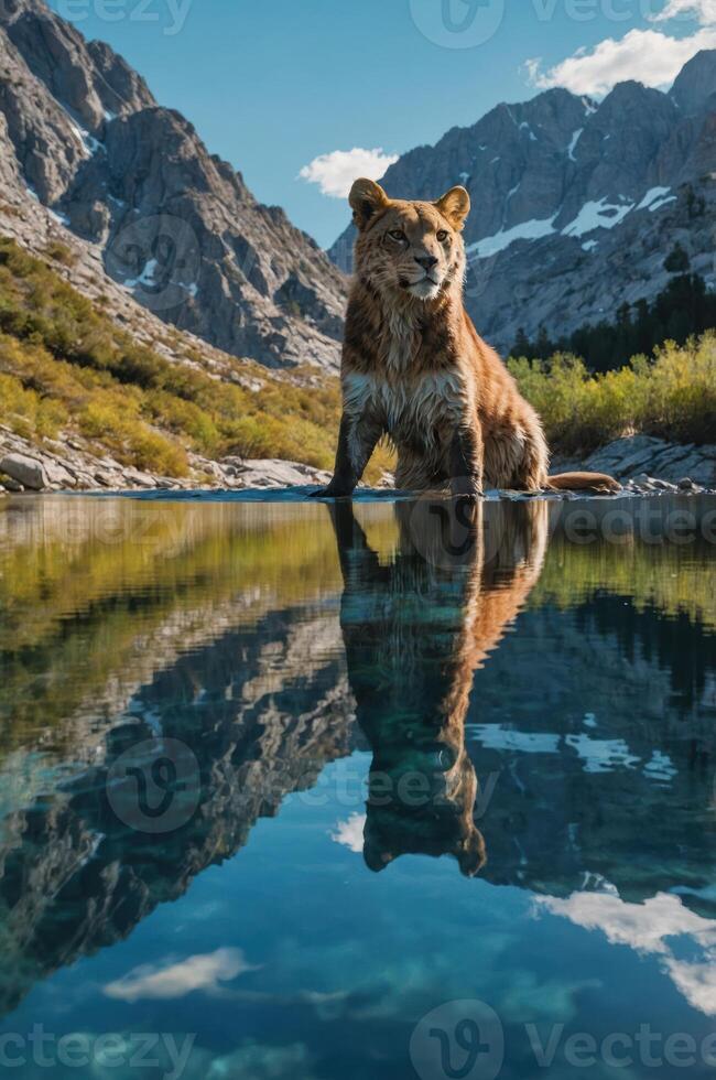 A bear stands majestically by a serene mountain lake, reflecting its image in the water. photo