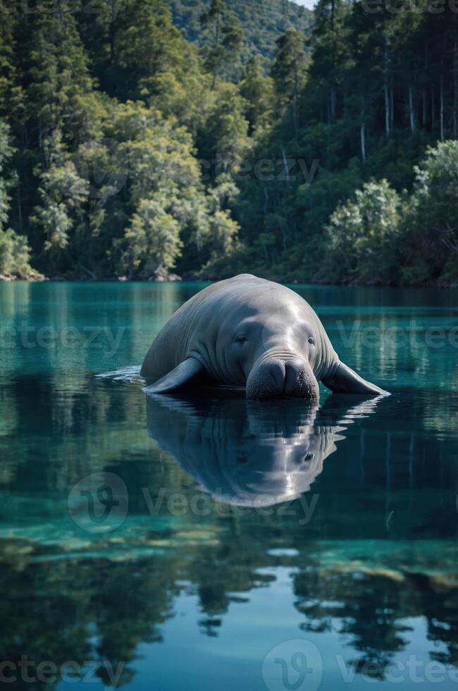 A serene manatee swimming in clear waters surrounded by lush greenery. photo