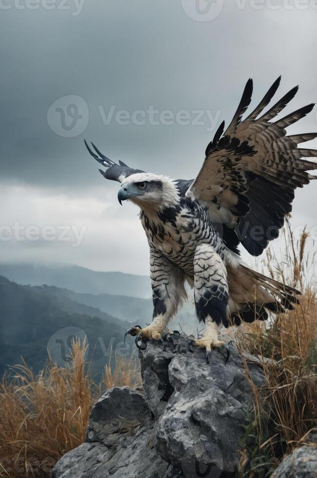 A majestic eagle perched on a rocky outcrop against a dramatic cloudy sky. photo