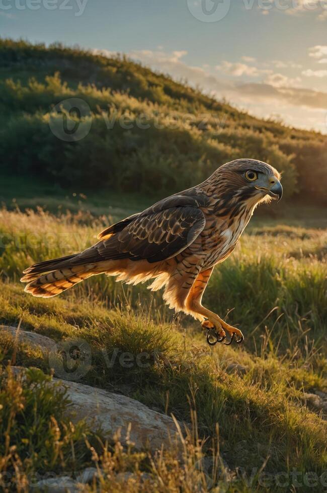 A hawk gracefully leaps across a grassy landscape during sunset. photo