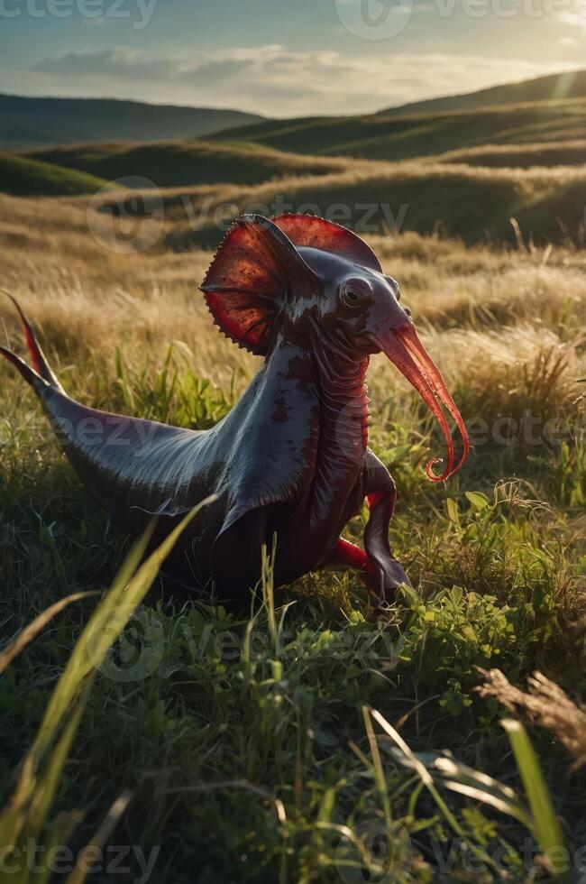 A fantastical creature resembling a squid stands in a grassy landscape, blending nature and imagination. photo