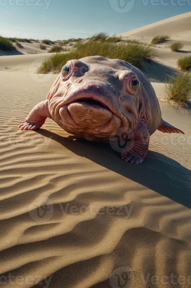 A close-up of a unique, pinkish creature on sandy terrain. photo