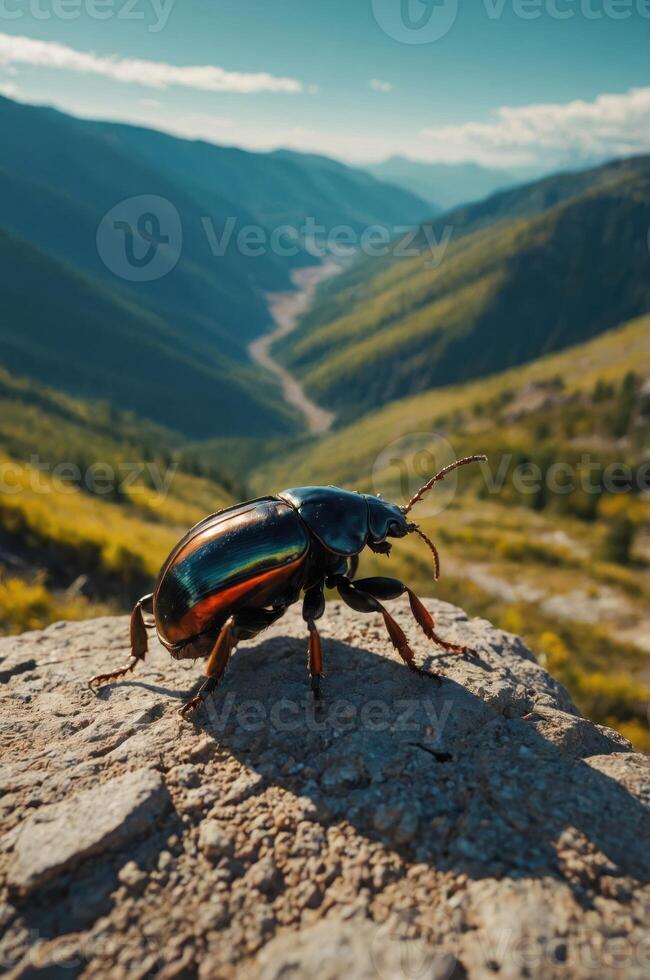 A colorful beetle on a rocky surface with a mountainous landscape in the background. photo