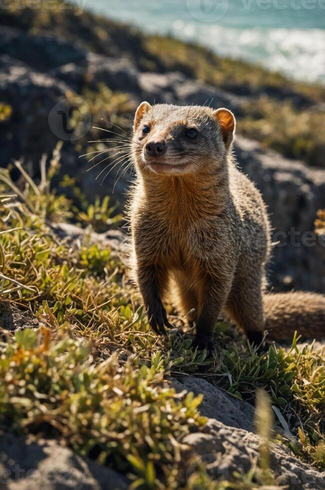 A mongoose standing on rocky terrain with greenery, showcasing its alertness. photo