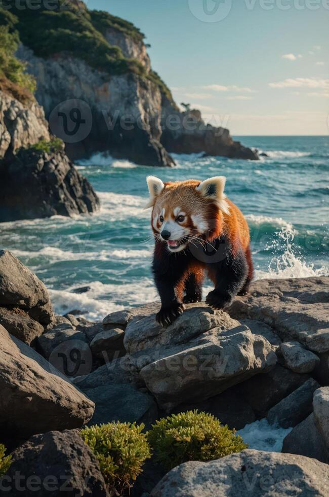 A red panda stands on rocks by the ocean, surrounded by a scenic coastal landscape. photo