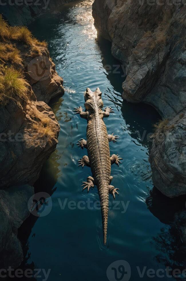 A crocodile swims through a narrow waterway surrounded by rocky cliffs. photo