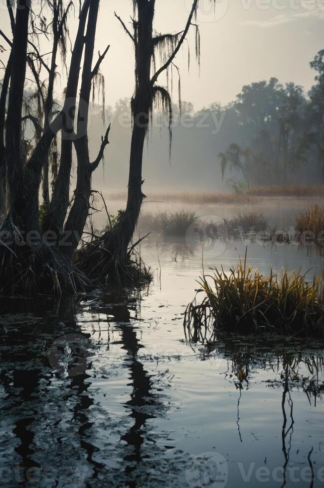 A serene wetlands scene with mist, reflecting trees and grasses in tranquil waters. photo