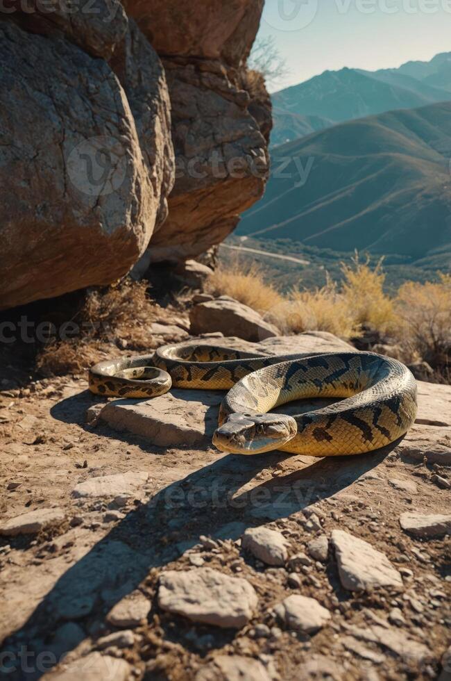 A close-up of a large snake resting on rocky terrain with a mountainous backdrop. photo