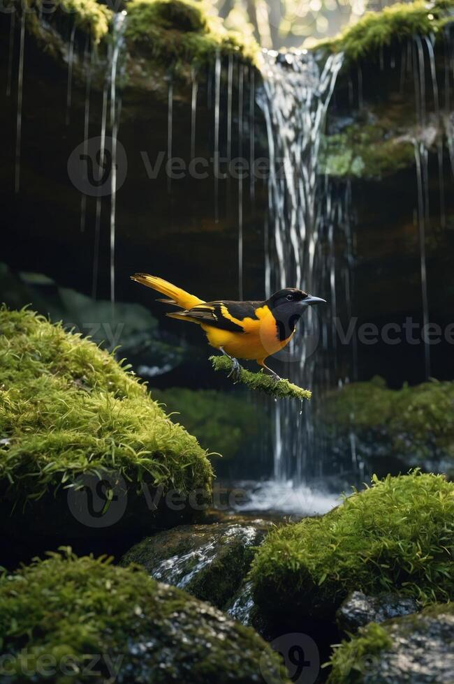 A vibrant bird perched near a waterfall amidst lush greenery. photo