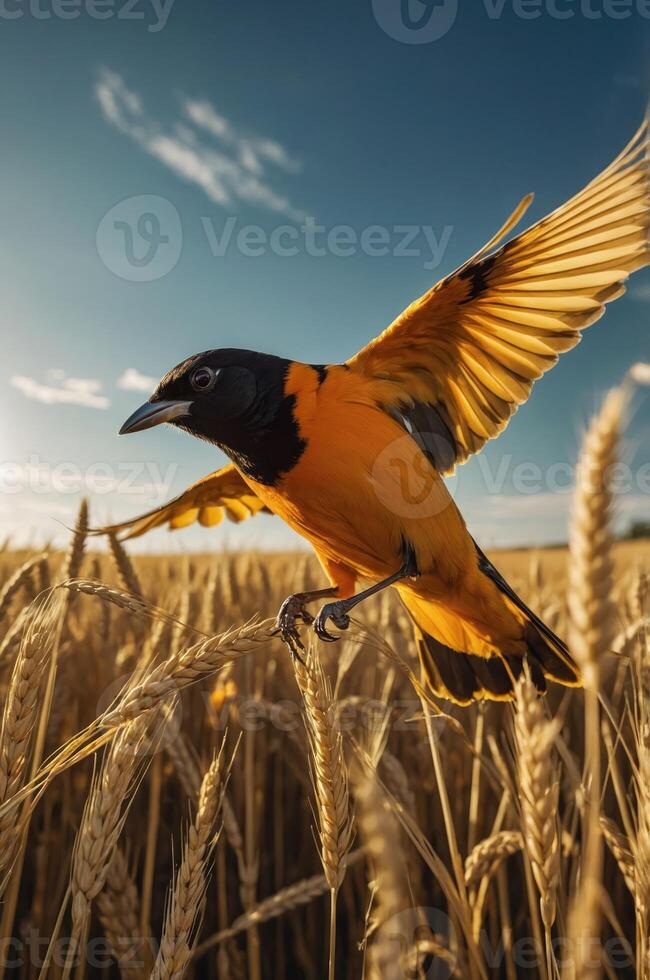 A vibrant bird in flight over a golden wheat field under a blue sky. photo