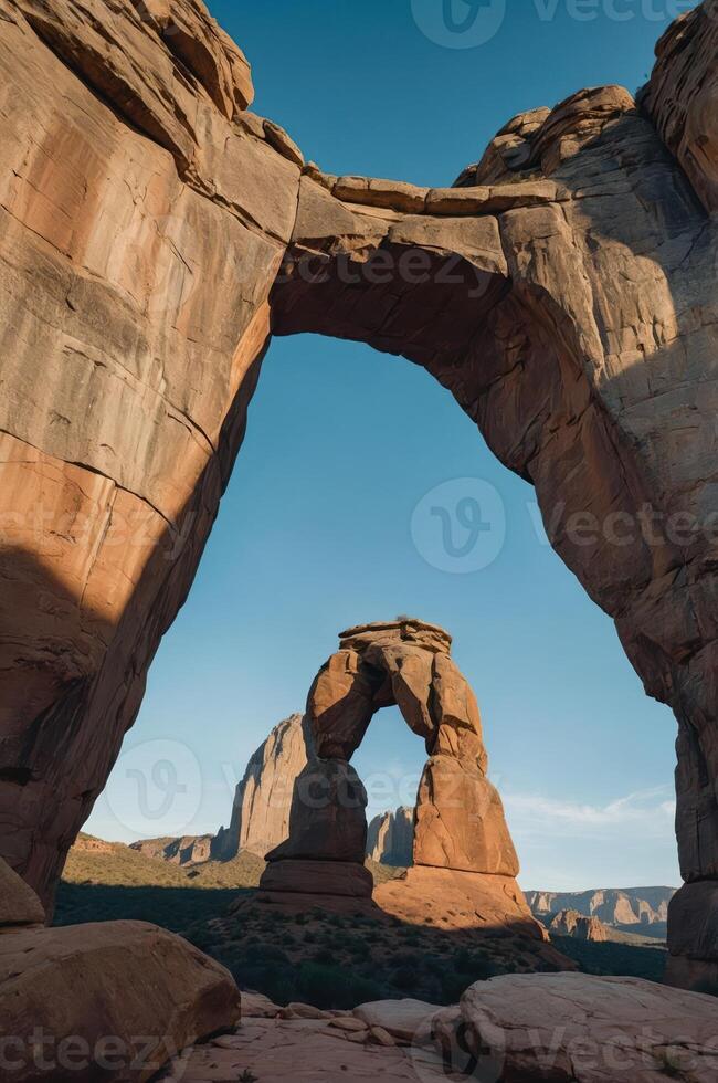 A stunning rock formation with an arch framing another arch against a clear blue sky. photo