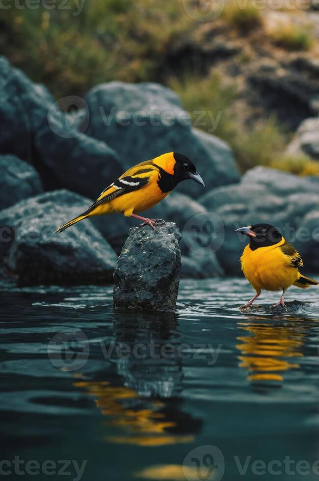 Two vibrant yellow birds perched near water, reflecting their colors on the surface. photo