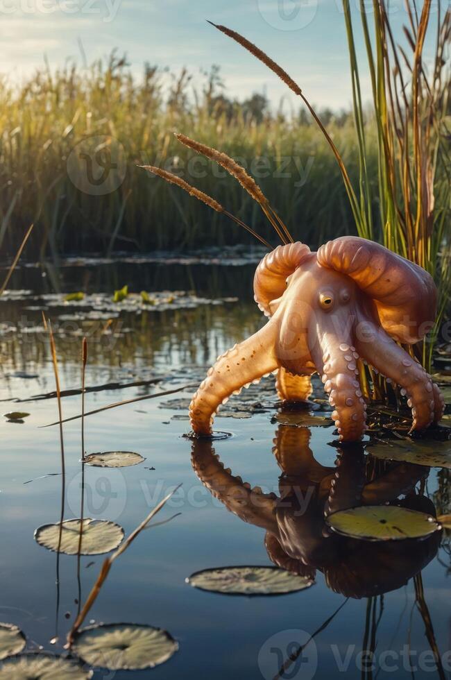 An octopus stands amidst tall grasses and lily pads in a serene water setting. photo