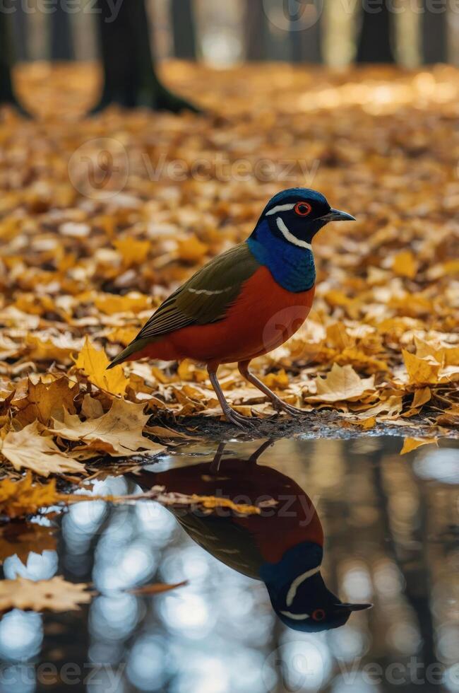 A colorful bird stands beside a puddle on a bed of autumn leaves. photo