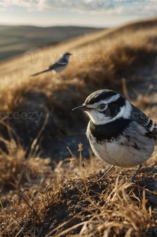 A close-up of a bird in a dry, grassy landscape with another bird in the background. photo
