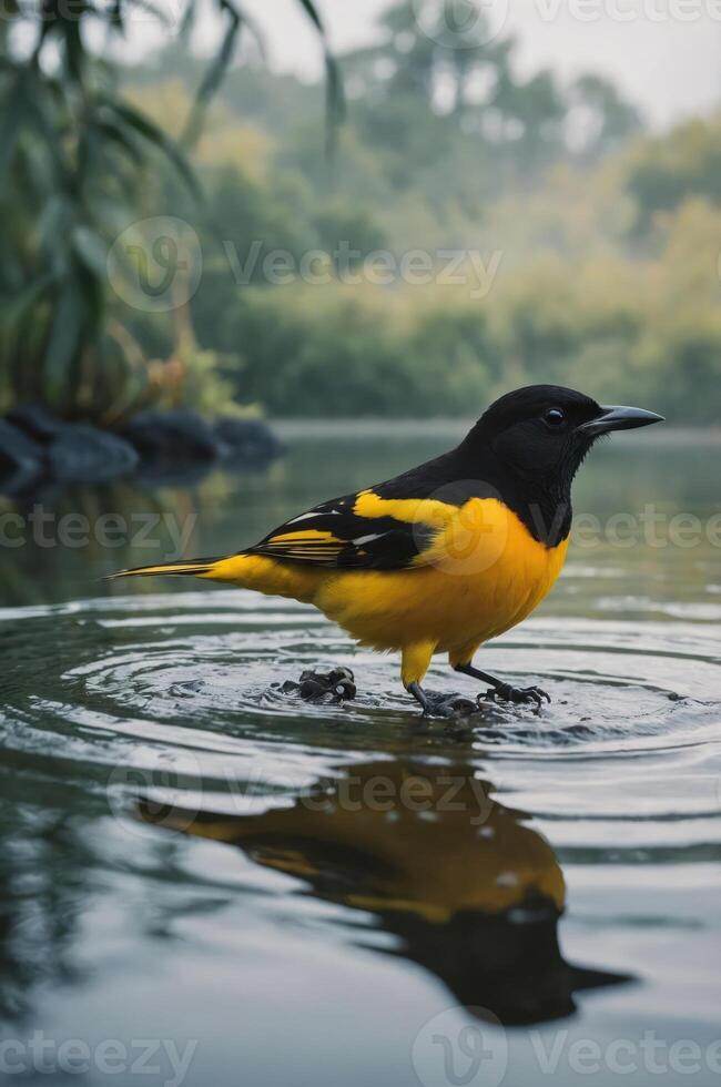 A vibrant bird standing in shallow water, creating ripples in a serene natural setting. photo