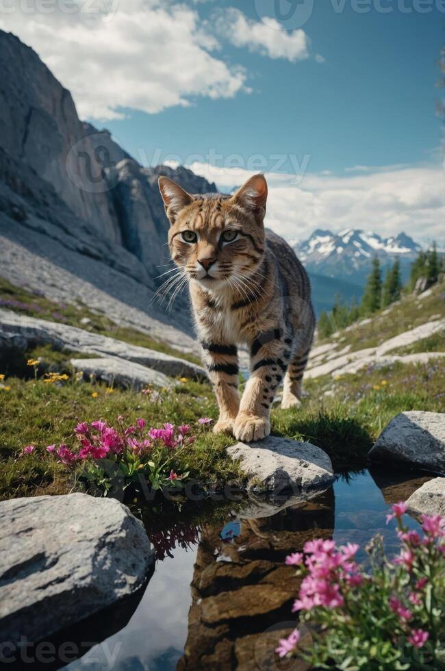 A cat walks through a vibrant landscape with mountains and flowers near a reflective pond. photo