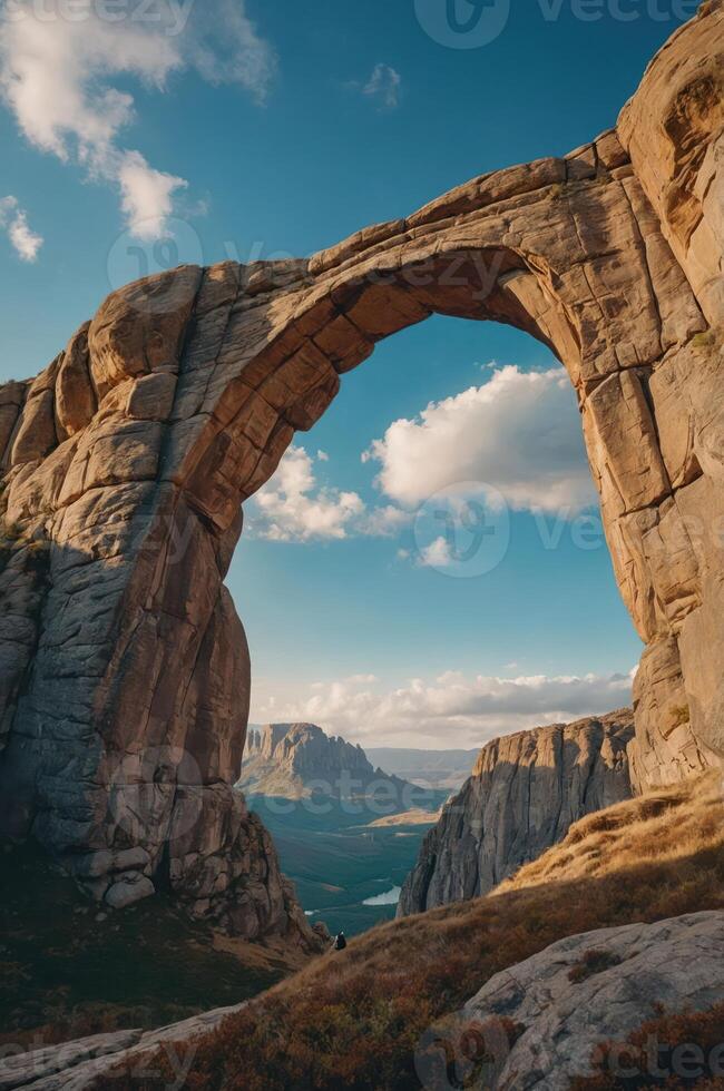 A majestic stone arch stands against a blue sky, framing a scenic landscape below. photo