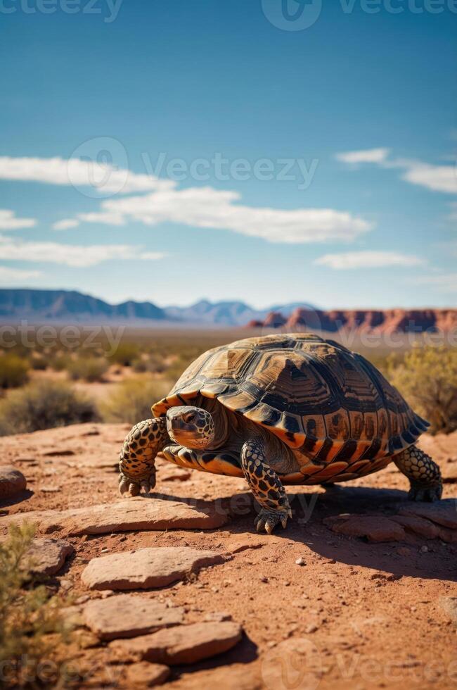 A tortoise walks across a rocky landscape under a clear blue sky. photo