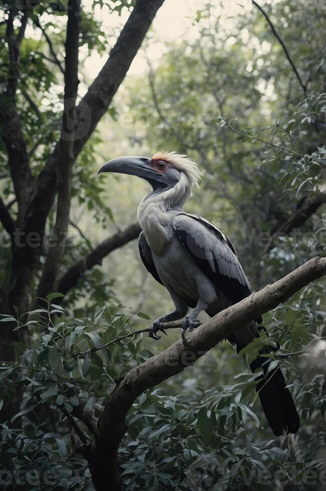 A majestic bird perched on a branch in a lush forest. photo