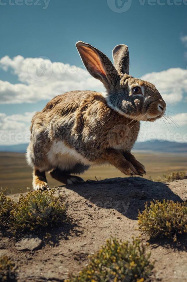 A rabbit leaping on a rocky surface with a scenic landscape in the background. photo