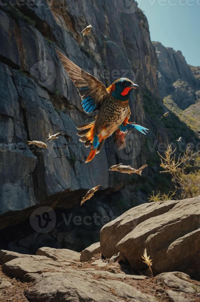 A vibrant bird in mid-flight captures a dynamic moment in nature with surrounding fish. photo