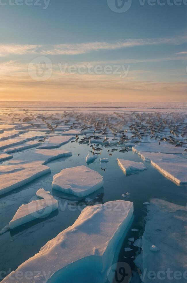 A serene view of fragmented ice floes on a tranquil water surface during sunset. photo