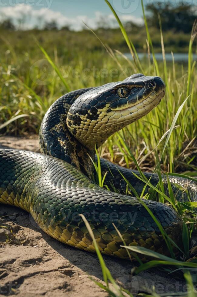 A close-up of a large snake resting on the ground amidst tall grass. photo