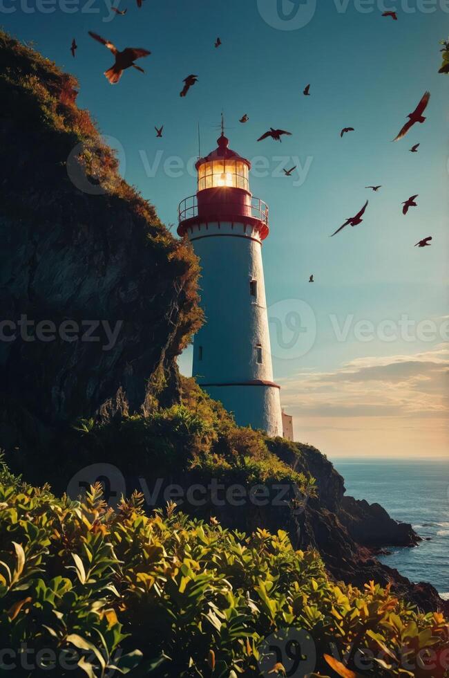 A lighthouse stands on a rocky coast, surrounded by greenery and birds against a sunset sky. photo