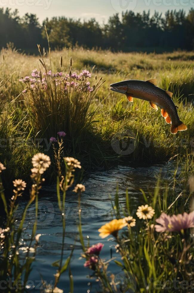 A fish leaps above a tranquil stream surrounded by wildflowers and lush greenery. photo