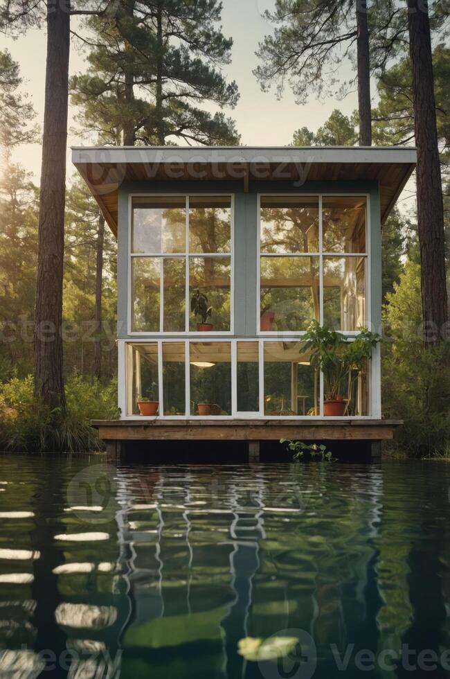 A modern glass house by a serene lake surrounded by tall trees. photo