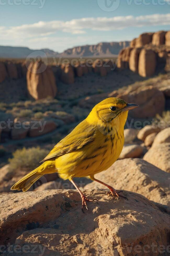 A vibrant yellow bird perched on a rock in a scenic landscape. photo