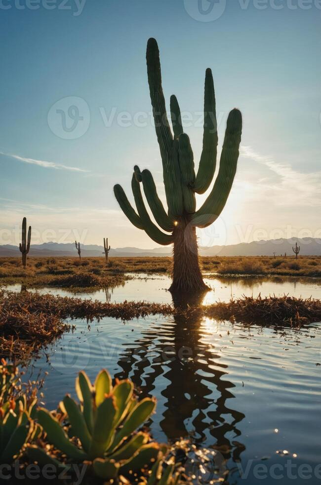 A serene landscape featuring a tall cactus reflected in water at sunset. photo
